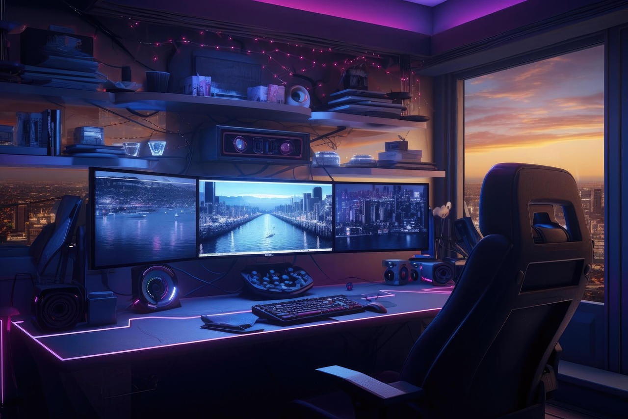 Photo by Alex_Bon gaming, setup, desk, monitors, window, twilight, ambient, neon, lighting, futuristic, vibe, ergonomic, chair, cityscape, multi-monitor, speakers, keyboard, mouse, controllers, shelves, technology, cozy, glow, ai generated